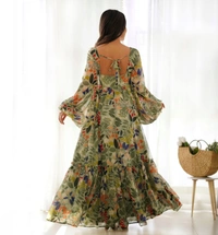 Antique Fashion 1 PURE SOFT FOX GEORGETTE FLORAL  PRINT FABRIC FULLY FLAIR MAXI,WITH BALLOON READY TO WEAR - Xs (34)