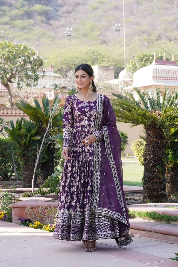 Antique Fashion 1 Viscose Dyable Jacquard Gown With Sequins Embroidered Work and Russian Silk Dupatta, it will enhance can combine the best parts of Indian wear into one stunning ensemble  - xl (42), wine