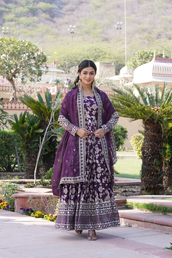 Antique Fashion 1 Viscose Dyable Jacquard Gown With Sequins Embroidered Work and Russian Silk Dupatta, it will enhance can combine the best parts of Indian wear into one stunning ensemble  - xl (42), wine
