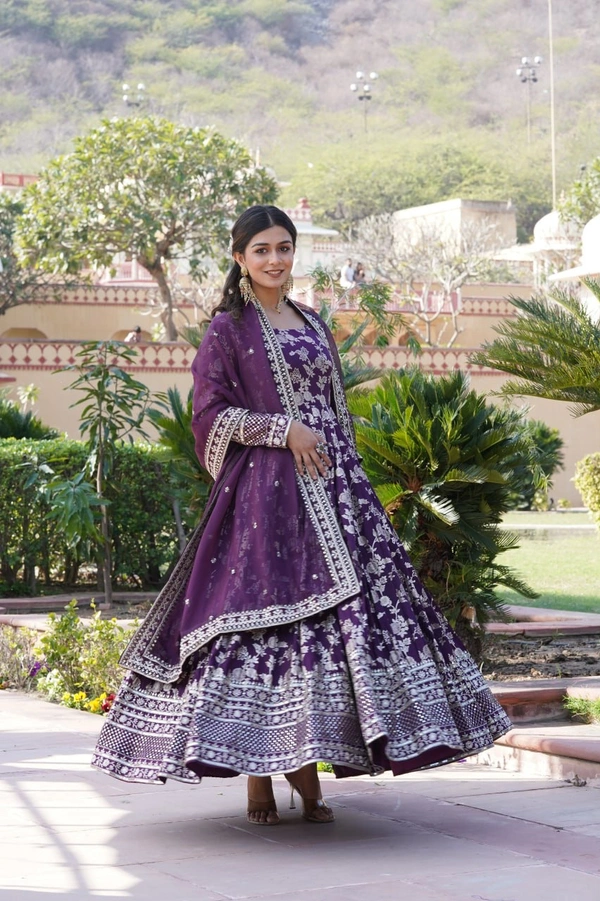 Antique Fashion 1 Viscose Dyable Jacquard Gown With Sequins Embroidered Work and Russian Silk Dupatta, it will enhance can combine the best parts of Indian wear into one stunning ensemble  - xl (42), wine