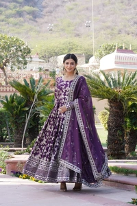 Antique Fashion 1 Viscose Dyable Jacquard Gown With Sequins Embroidered Work and Russian Silk Dupatta, it will enhance can combine the best parts of Indian wear into one stunning ensemble  - xl (42), wine