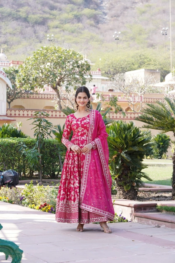 Antique Fashion 1 Viscose Dyable Jacquard Gown With Sequins Embroidered Work and Russian Silk Dupatta, it will enhance can combine the best parts of Indian wear into one stunning ensemble  - xxl (44), pink