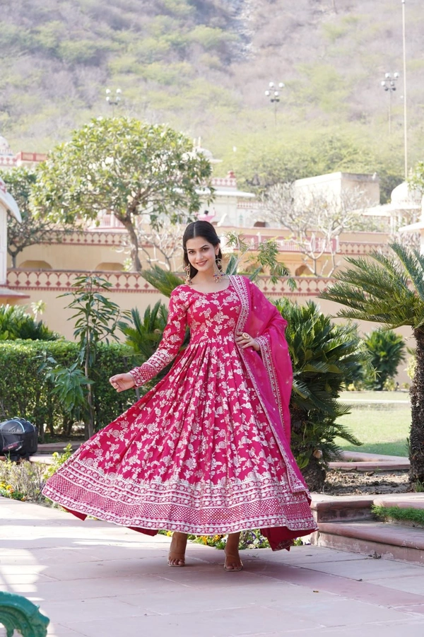 Antique Fashion 1 Viscose Dyable Jacquard Gown With Sequins Embroidered Work and Russian Silk Dupatta, it will enhance can combine the best parts of Indian wear into one stunning ensemble  - xxl (44), pink