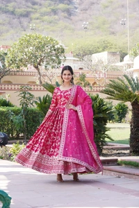 Antique Fashion 1 Viscose Dyable Jacquard Gown With Sequins Embroidered Work and Russian Silk Dupatta, it will enhance can combine the best parts of Indian wear into one stunning ensemble  - xxl (44), pink