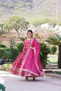 Antique Fashion 1 Viscose Dyable Jacquard Gown With Sequins Embroidered Work and Russian Silk Dupatta, it will enhance can combine the best parts of Indian wear into one stunning ensemble  - xxl (44), pink