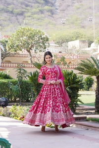 Antique Fashion 1 Viscose Dyable Jacquard Gown With Sequins Embroidered Work and Russian Silk Dupatta, it will enhance can combine the best parts of Indian wear into one stunning ensemble  - xxl (44), pink