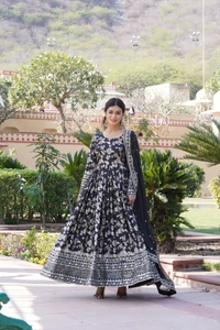 Antique Fashion 1 Viscose Dyable Jacquard Gown With Sequins Embroidered Work and Russian Silk Dupatta, it will enhance can combine the best parts of Indian wear into one stunning ensemble  - M (38), Black
