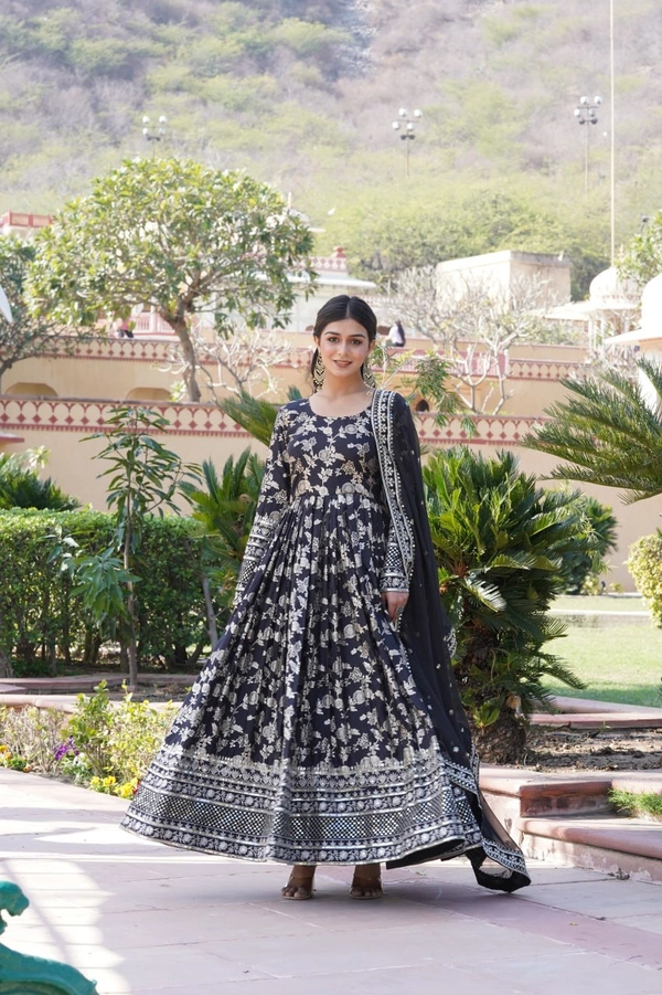 Antique Fashion 1 Viscose Dyable Jacquard Gown With Sequins Embroidered Work and Russian Silk Dupatta, it will enhance can combine the best parts of Indian wear into one stunning ensemble  - M (38), Black