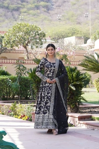 Antique Fashion 1 Viscose Dyable Jacquard Gown With Sequins Embroidered Work and Russian Silk Dupatta, it will enhance can combine the best parts of Indian wear into one stunning ensemble  - L (40), Black