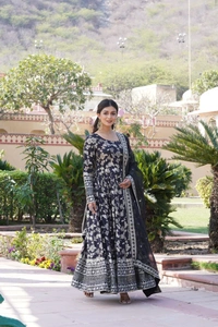 Antique Fashion 1 Viscose Dyable Jacquard Gown With Sequins Embroidered Work and Russian Silk Dupatta, it will enhance can combine the best parts of Indian wear into one stunning ensemble  - xxl (44), Black