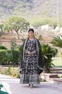 Antique Fashion 1 Viscose Dyable Jacquard Gown With Sequins Embroidered Work and Russian Silk Dupatta, it will enhance can combine the best parts of Indian wear into one stunning ensemble  - xxl (44), Black