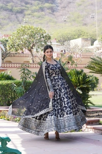 Antique Fashion 1 Viscose Dyable Jacquard Gown With Sequins Embroidered Work and Russian Silk Dupatta, it will enhance can combine the best parts of Indian wear into one stunning ensemble  - xxl (44), Black