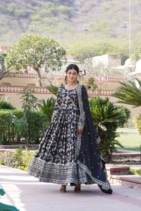 Antique Fashion 1 Viscose Dyable Jacquard Gown With Sequins Embroidered Work and Russian Silk Dupatta, it will enhance can combine the best parts of Indian wear into one stunning ensemble  - xxl (44), Black