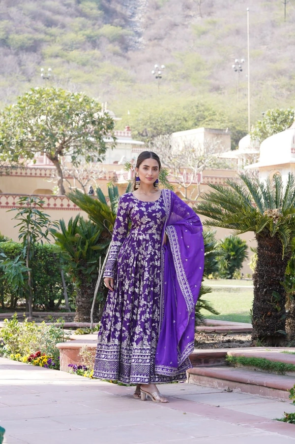 Antique Fashion 1 Viscose Dyable Jacquard Gown With Sequins Embroidered Work and Russian Silk Dupatta, it will enhance can combine the best parts of Indian wear into one stunning ensemble  - M (38), Purple