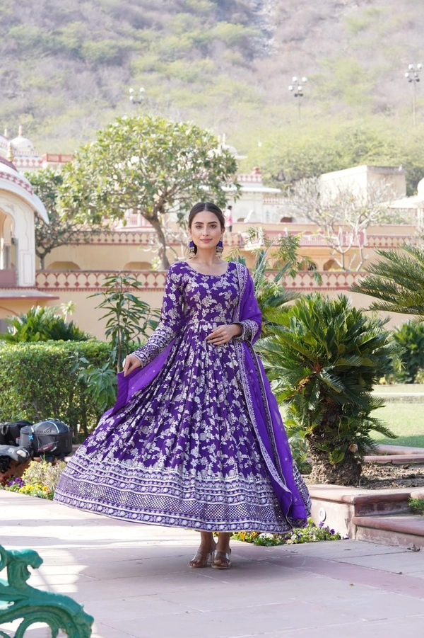 Antique Fashion 1 Viscose Dyable Jacquard Gown With Sequins Embroidered Work and Russian Silk Dupatta, it will enhance can combine the best parts of Indian wear into one stunning ensemble  - M (38), Purple