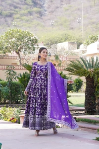 Antique Fashion 1 Viscose Dyable Jacquard Gown With Sequins Embroidered Work and Russian Silk Dupatta, it will enhance can combine the best parts of Indian wear into one stunning ensemble  - xxl (44), Purple