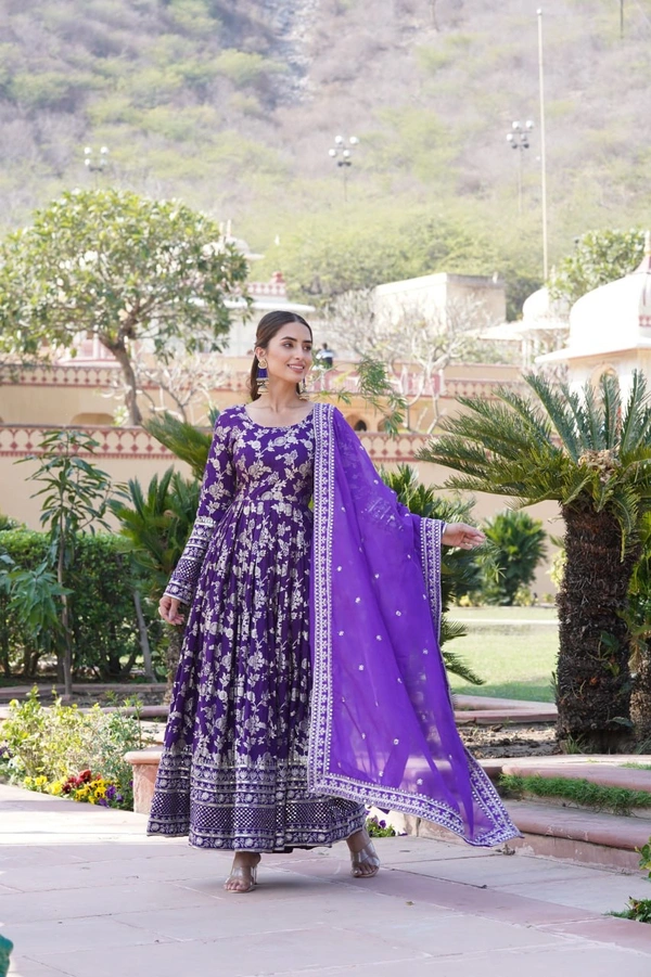 Antique Fashion 1 Viscose Dyable Jacquard Gown With Sequins Embroidered Work and Russian Silk Dupatta, it will enhance can combine the best parts of Indian wear into one stunning ensemble  - xxl (44), Purple
