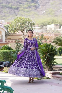 Antique Fashion 1 Viscose Dyable Jacquard Gown With Sequins Embroidered Work and Russian Silk Dupatta, it will enhance can combine the best parts of Indian wear into one stunning ensemble  - xxl (44), Purple