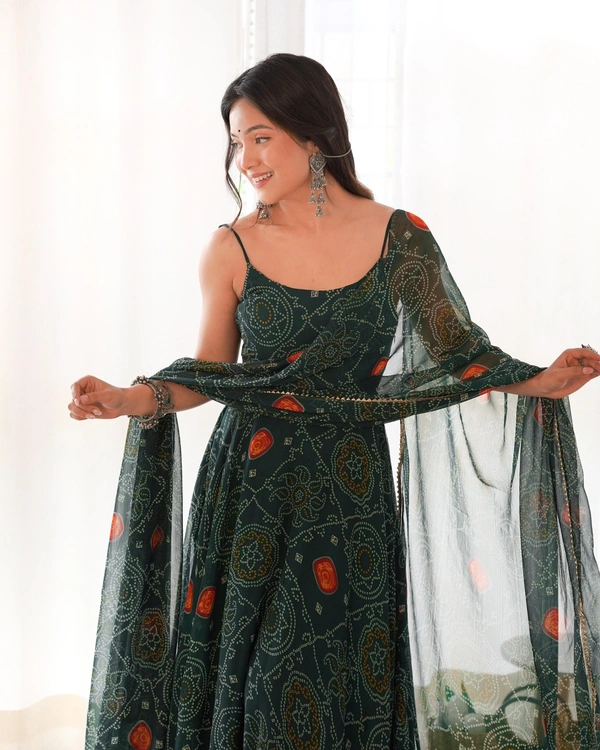 Antique Fashion 1 PURE SOFT LIGHTWEIGHT CHIFFON BANDHEJ FULLY FLAIR GOWN,DUPPTA ,PENT SET READY TO WEAR FULLY STTICHED* - Xs (34)