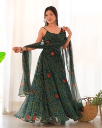 Antique Fashion 1 PURE SOFT LIGHTWEIGHT CHIFFON BANDHEJ FULLY FLAIR GOWN,DUPPTA ,PENT SET READY TO WEAR FULLY STTICHED* - Xs (34)
