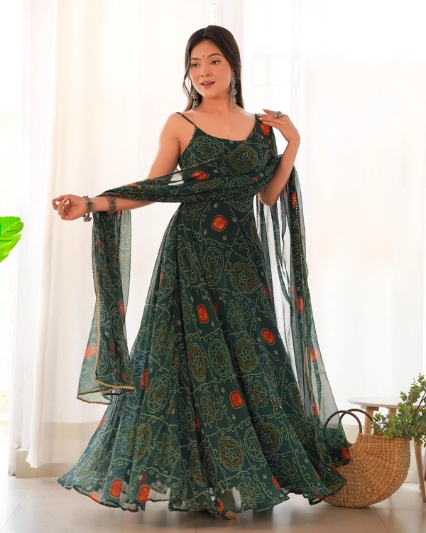 Antique Fashion 1 PURE SOFT LIGHTWEIGHT CHIFFON BANDHEJ FULLY FLAIR GOWN,DUPPTA ,PENT SET READY TO WEAR FULLY STTICHED* - Xs (34)