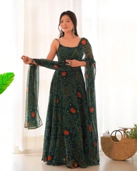 Antique Fashion 1 PURE SOFT LIGHTWEIGHT CHIFFON BANDHEJ FULLY FLAIR GOWN,DUPPTA ,PENT SET READY TO WEAR FULLY STTICHED* - Xs (34)