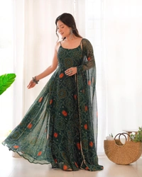 Antique Fashion 1 PURE SOFT LIGHTWEIGHT CHIFFON BANDHEJ FULLY FLAIR GOWN,DUPPTA ,PENT SET READY TO WEAR FULLY STTICHED* - Xs (34)