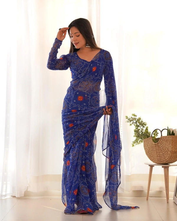 Antique Fashion 1 *READY TO WEAR PREDRAPPED REAY TO WEAR SAREE LIGHTWEIGHT CHIFFON FABRIC* - Xl (42), Blue