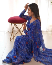 Antique Fashion 1 *READY TO WEAR PREDRAPPED REAY TO WEAR SAREE LIGHTWEIGHT CHIFFON FABRIC* - M (38), Blue
