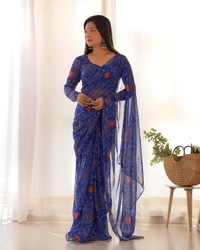 Antique Fashion 1 *READY TO WEAR PREDRAPPED REAY TO WEAR SAREE LIGHTWEIGHT CHIFFON FABRIC* - M (38), Blue