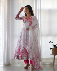 Antique Fashion 1 *PURE SOFT ORGANJA SILK FABRIC FULLY FLAIR KALI PATTERN AND CANVAS PATTA WITH DUPPTA SET ,PENT READY TO WEAR* - Xl (42)