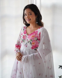 Antique Fashion 1 *PURE SOFT ORGANJA SILK FABRIC FULLY FLAIR KALI PATTERN AND CANVAS PATTA WITH DUPPTA SET ,PENT READY TO WEAR* - Xl (42)