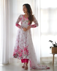 Antique Fashion 1 *PURE SOFT ORGANJA SILK FABRIC FULLY FLAIR KALI PATTERN AND CANVAS PATTA WITH DUPPTA SET ,PENT READY TO WEAR* - Xl (42)