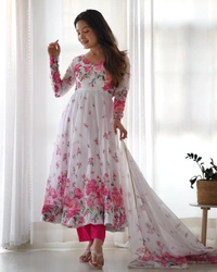 Antique Fashion 1 *PURE SOFT ORGANJA SILK FABRIC FULLY FLAIR KALI PATTERN AND CANVAS PATTA WITH DUPPTA SET ,PENT READY TO WEAR* - Xl (42)