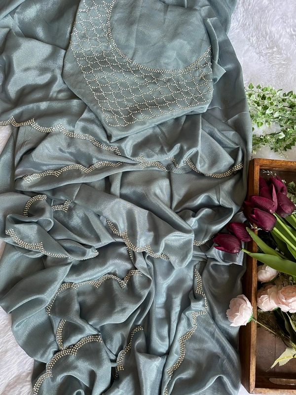 Antique Fashion 1 Exclusive  elegant launch for fancy collection perfect for any function  light weight heavy chinnon  with complete jarkan  work  - Gray