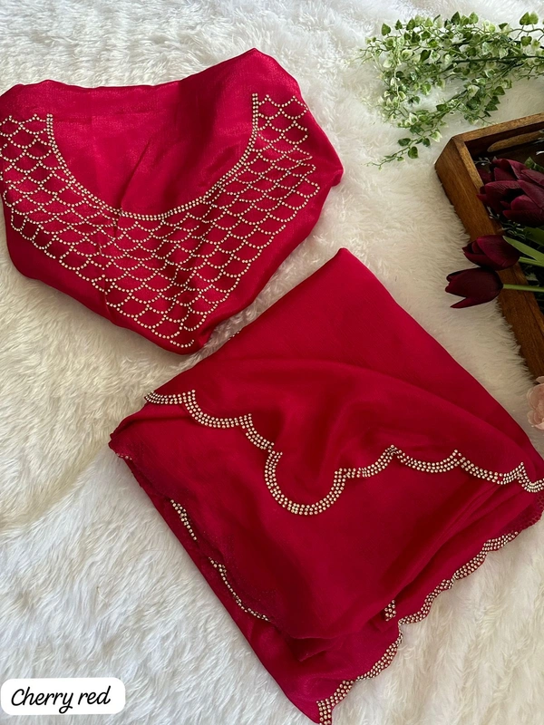 Antique Fashion 1 Exclusive  elegant launch for fancy collection perfect for any function  light weight heavy chinnon  with complete jarkan  work  - Red