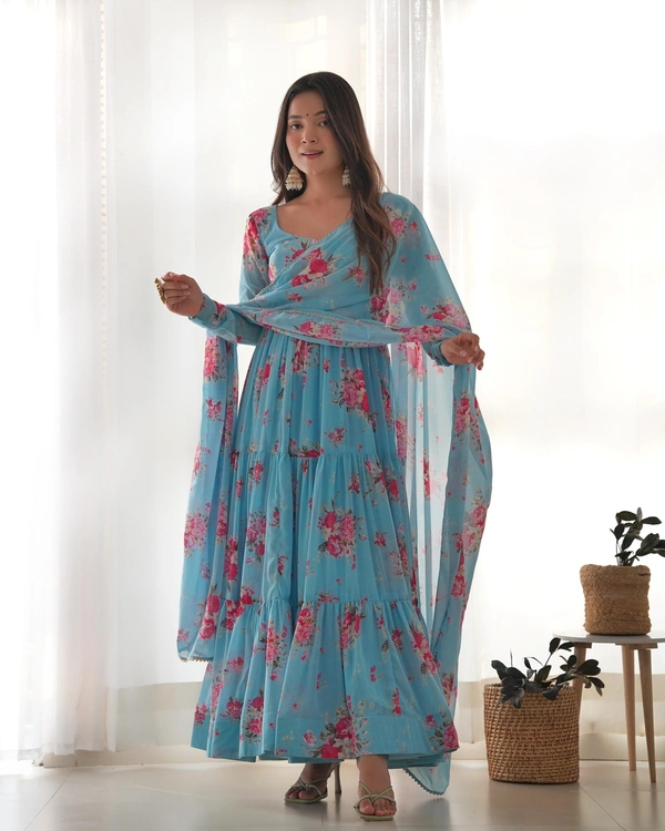 Antique Fashion 1 PURE SOFT FOX GEORGETTE FLORAL PRINT FABRIC FULLY FLAIR ANARKALI,WITH DUPPTA SET,PENT READY TO WEAR* - L (40), colour 1