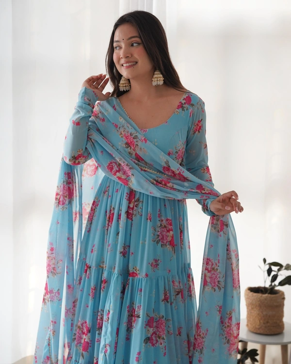 Antique Fashion 1 PURE SOFT FOX GEORGETTE FLORAL PRINT FABRIC FULLY FLAIR ANARKALI,WITH DUPPTA SET,PENT READY TO WEAR* - L (40), colour 1
