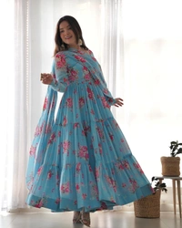 Antique Fashion 1 PURE SOFT FOX GEORGETTE FLORAL PRINT FABRIC FULLY FLAIR ANARKALI,WITH DUPPTA SET,PENT READY TO WEAR* - L (40), colour 1