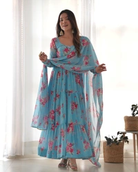 Antique Fashion 1 PURE SOFT FOX GEORGETTE FLORAL PRINT FABRIC FULLY FLAIR ANARKALI,WITH DUPPTA SET,PENT READY TO WEAR* - L (40), colour 1