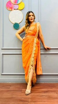 Antique Fashion 1 READY TO WEAR ONE PIECE SELF PRINT DRESS EMBELLISHED WITH ZARI KUNDAN AND CUTDANA WORK  - L (40)