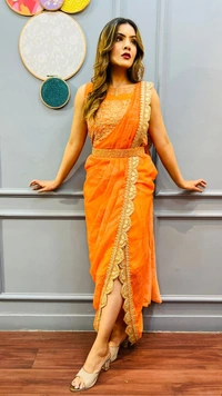 Antique Fashion 1 READY TO WEAR ONE PIECE SELF PRINT DRESS EMBELLISHED WITH ZARI KUNDAN AND CUTDANA WORK  - L (40)