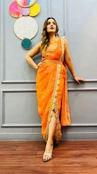 Antique Fashion 1 READY TO WEAR ONE PIECE SELF PRINT DRESS EMBELLISHED WITH ZARI KUNDAN AND CUTDANA WORK  - L (40)