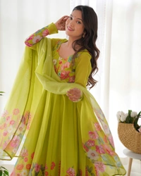 Antique Fashion 1 REAL MODELING PURE SOFT ORGANJA SILK FABRIC FULLY FLAIR KALI PATTERN AND CANVAS PATTA WITH DUPPTA SET ,PENT READY TO WEAR* - X's (34), Liril