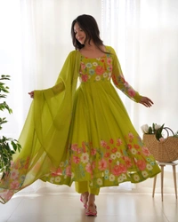 Antique Fashion 1 REAL MODELING PURE SOFT ORGANJA SILK FABRIC FULLY FLAIR KALI PATTERN AND CANVAS PATTA WITH DUPPTA SET ,PENT READY TO WEAR* - S (36), Liril