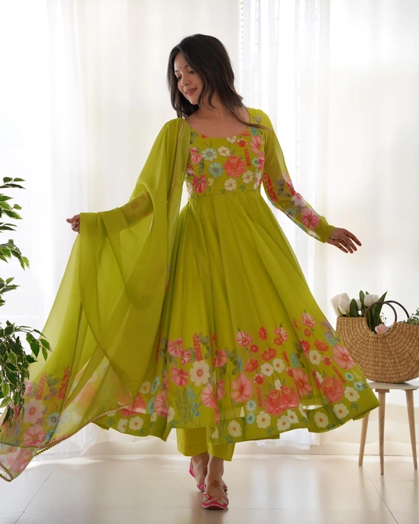 Antique Fashion 1 REAL MODELING PURE SOFT ORGANJA SILK FABRIC FULLY FLAIR KALI PATTERN AND CANVAS PATTA WITH DUPPTA SET ,PENT READY TO WEAR* - S (36), Liril