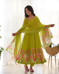 Antique Fashion 1 REAL MODELING PURE SOFT ORGANJA SILK FABRIC FULLY FLAIR KALI PATTERN AND CANVAS PATTA WITH DUPPTA SET ,PENT READY TO WEAR* - S (36), Liril