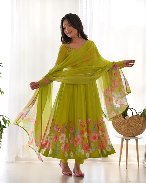 Antique Fashion 1 REAL MODELING PURE SOFT ORGANJA SILK FABRIC FULLY FLAIR KALI PATTERN AND CANVAS PATTA WITH DUPPTA SET ,PENT READY TO WEAR* - S (36), Liril
