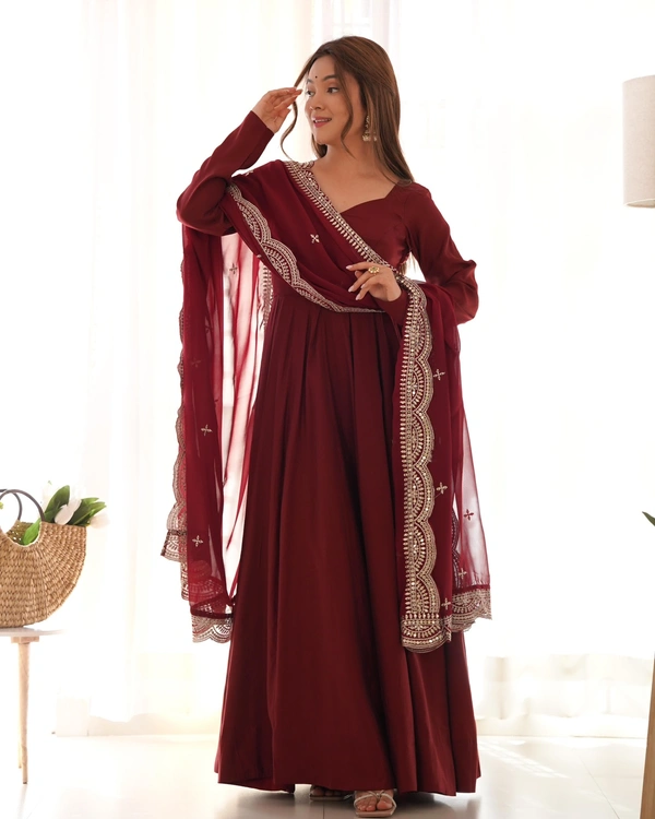 Antique Fashion 1 QUALITY PURE ROMANSILK CHANDERI FABRIC FULLY FLAIR ANARKALI,WITH DUPPTA SET,PENT READY TO WEAR - Xl (42), colour 2