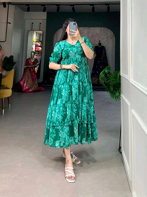 Antique Fashion 1 This georgette Floral Frock is a Must Have for Your Wardrobe     - green, S(36)